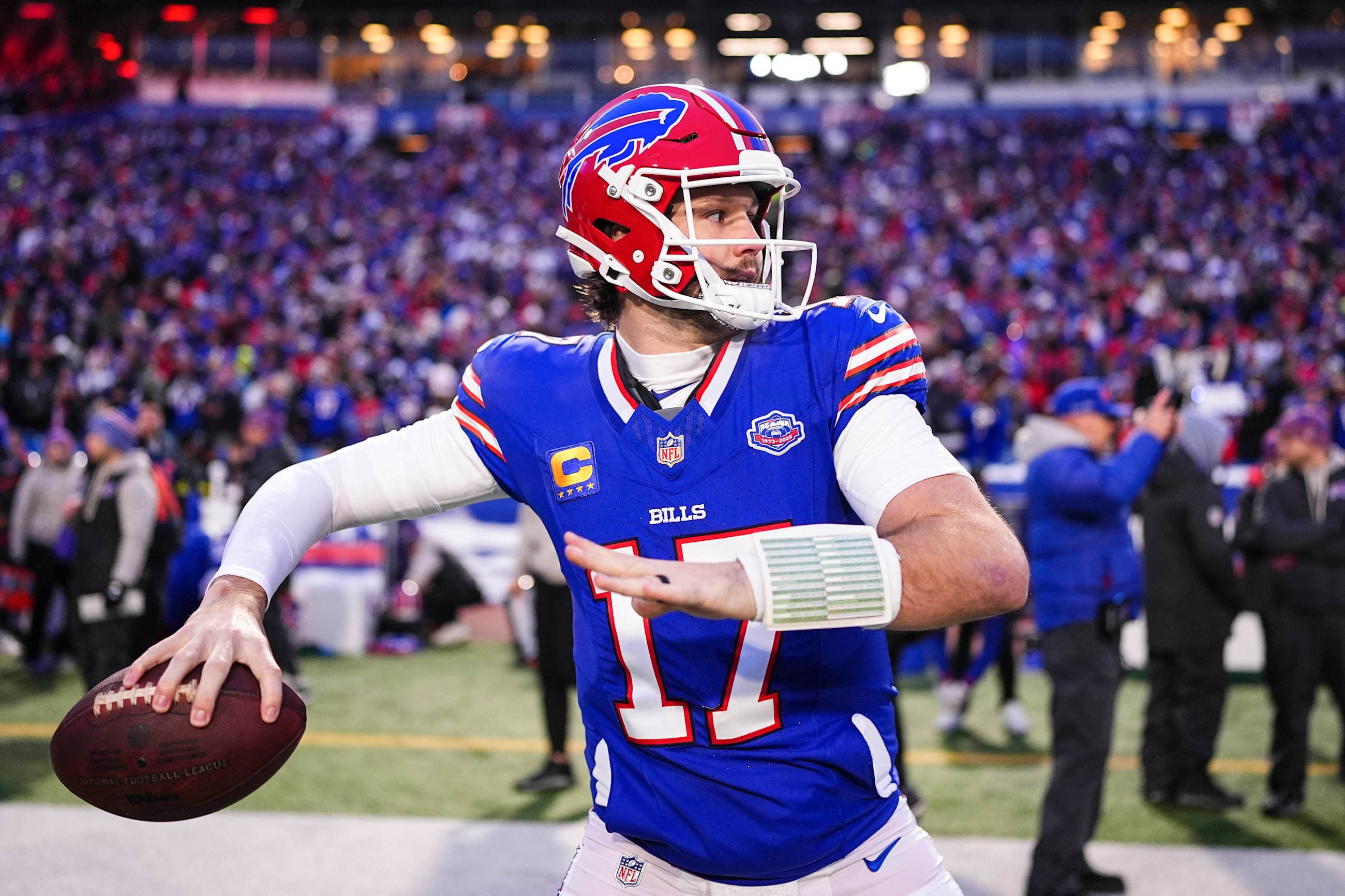 Josh Allen throwing before Buffalo Bills vs New York Jets, Regular Season, January 04, 2026 at Highmark Stadium