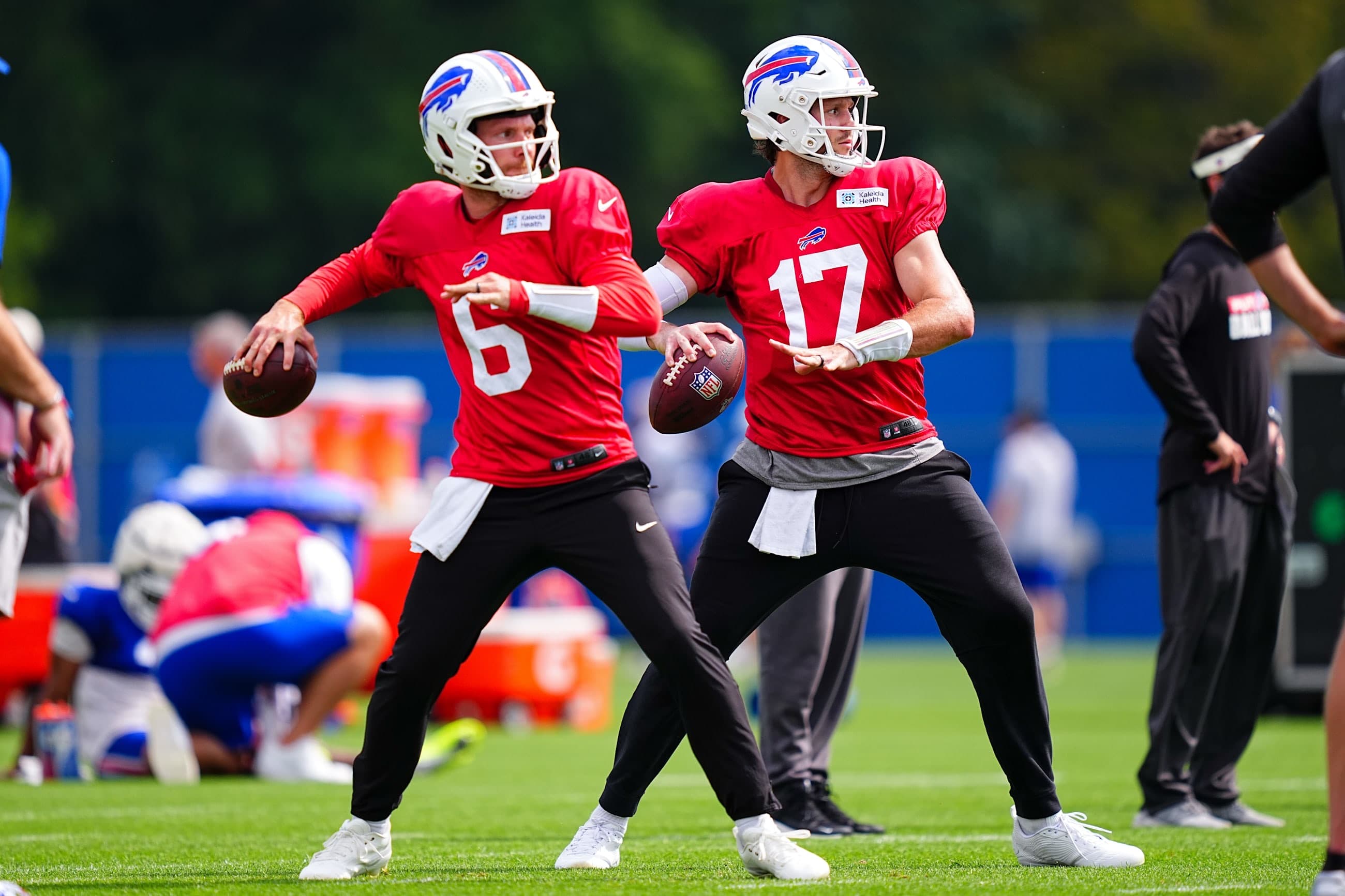 Josh Allen (17), Shane Buechele (6). Buffalo Bills Training Camp, on September 02, 2026 at Kaleida Health Performance Center.