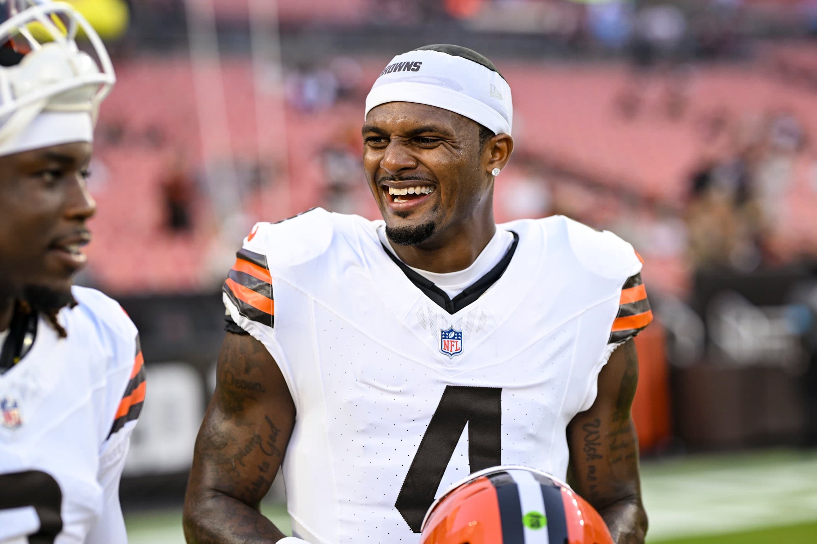 Quarterback Deshaun Watson (4) before a preseason NFL football game between the New England Patriots and Cleveland Browns on August 27, 2026 at Huntington Bank Field.