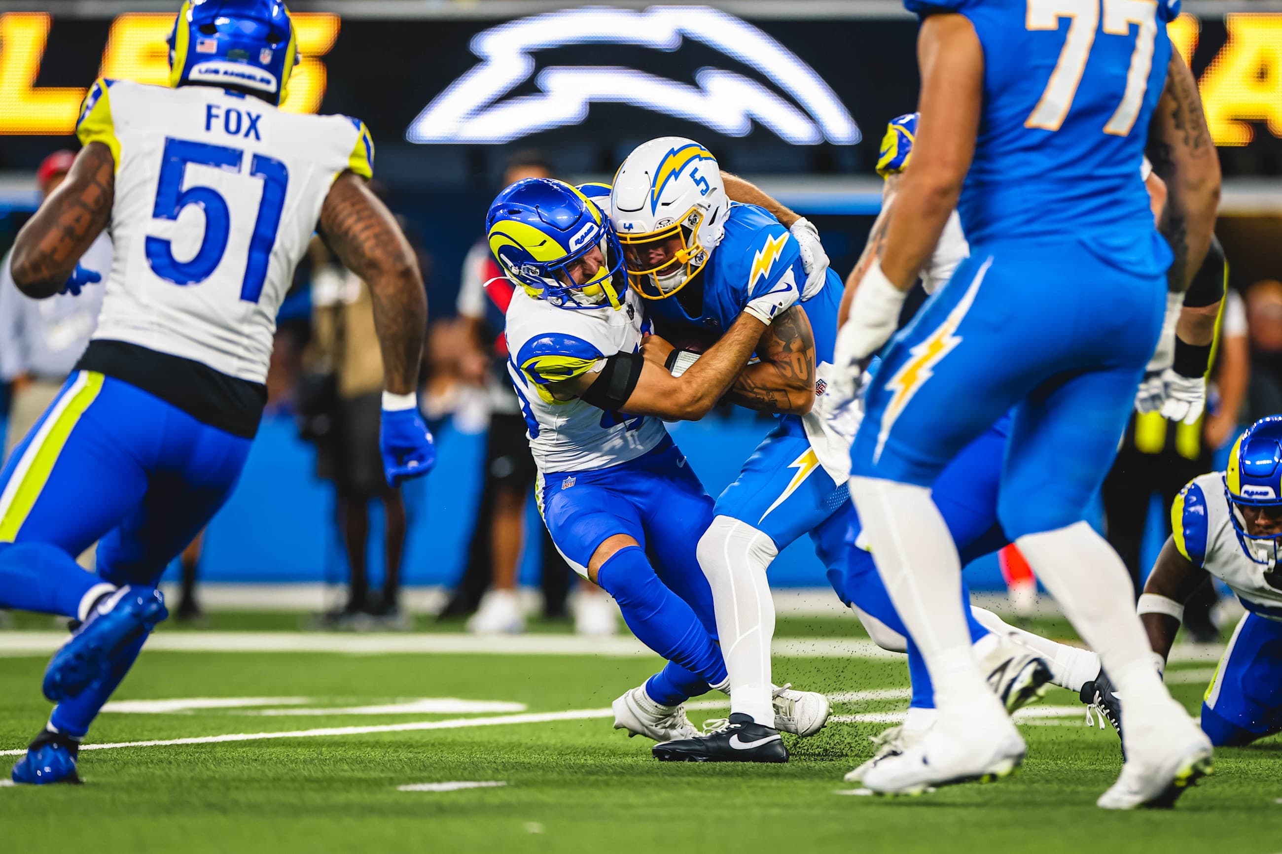 Defensive back Nick Andersen (45) during the preseason game against the Los Angeles Chargers on Thursday, Aug. 27, 2026, at SoFi Stadium in Inglewood, CA. (Abigail Dean /Los Angeles Rams)