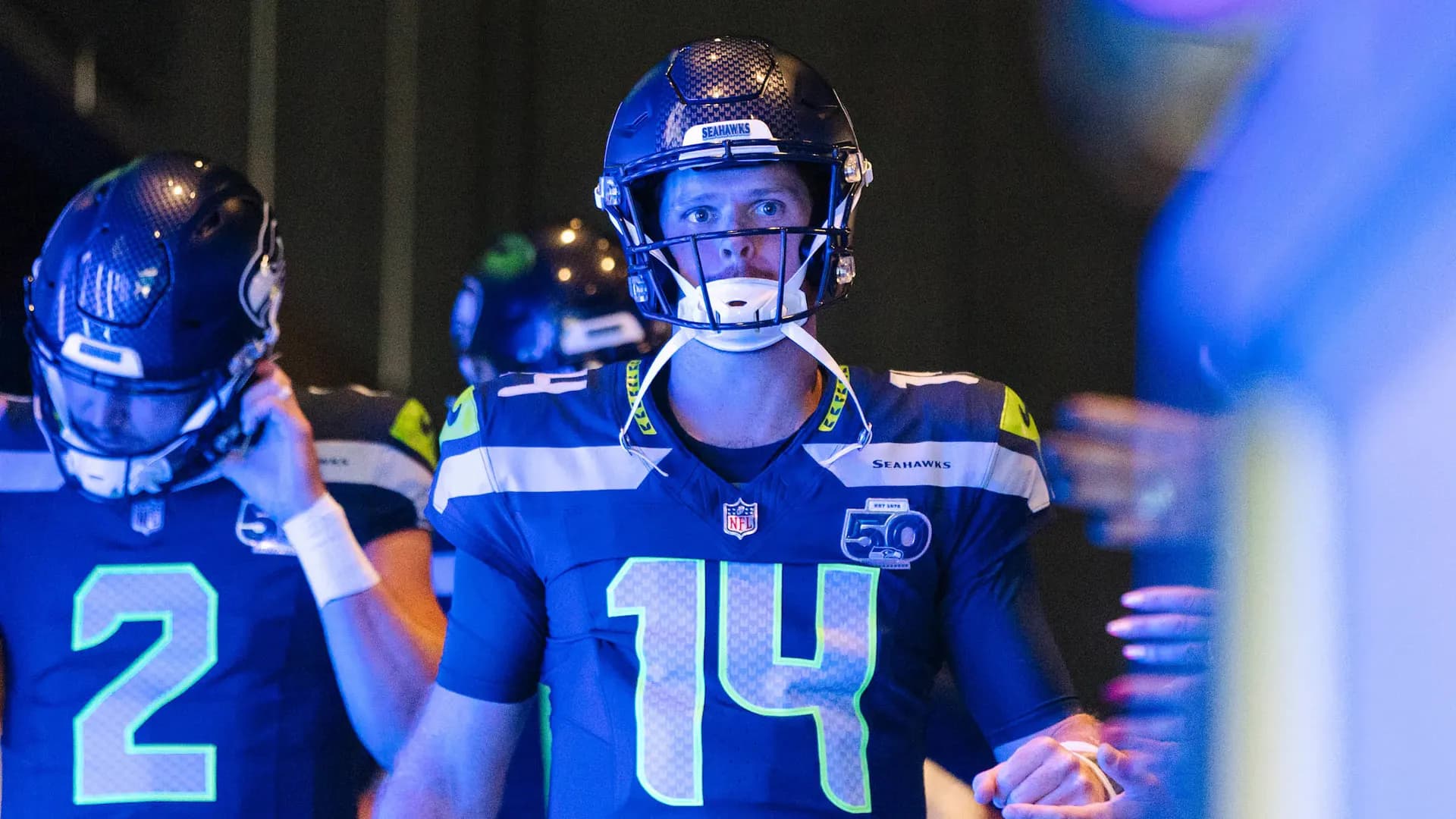 Seahawks quarterback Sam Darnold (14) vs. the San Francisco 49ers in Week 1.