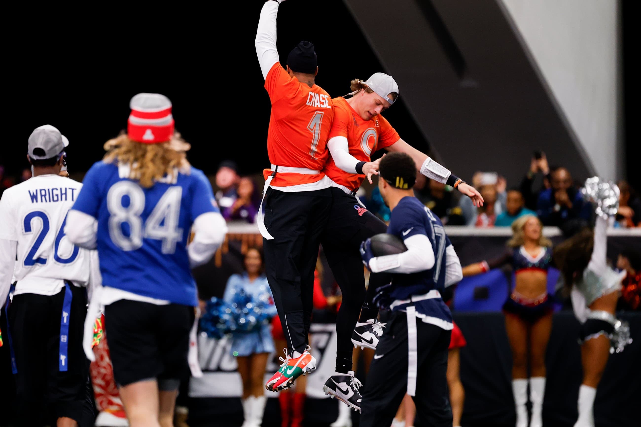 Cincinnati Bengals quarterback Joe Burrow (9) and wide receiver Ja'Marr Chase (1) celebrates after a touchdown during the 2026 Pro Bowl Game on Tuesday, February 3, 2026 in San Francisco, California.