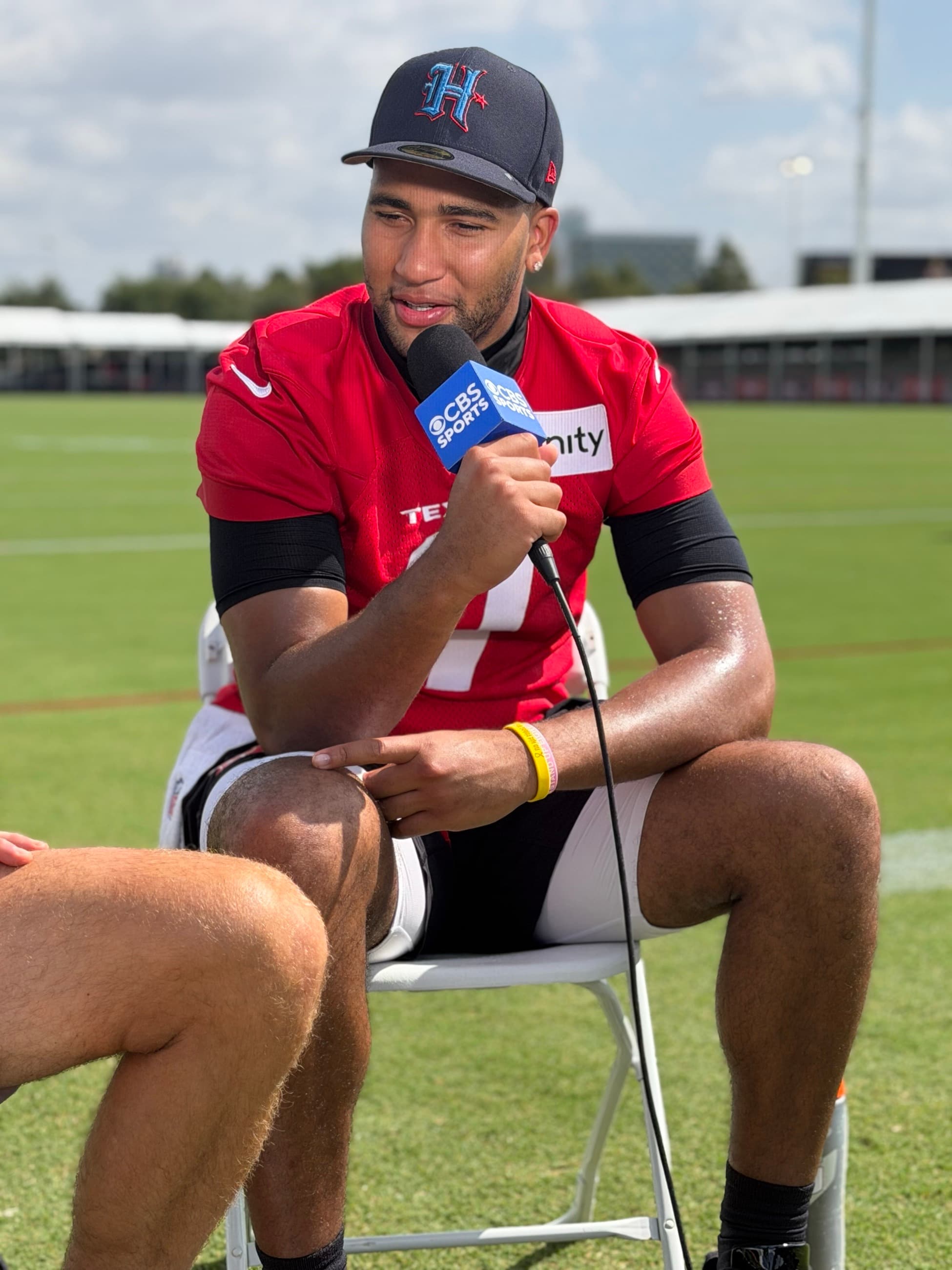 C.J. Stroud being interviewed by CBS Sports at Houston Texans training camp in July 2026