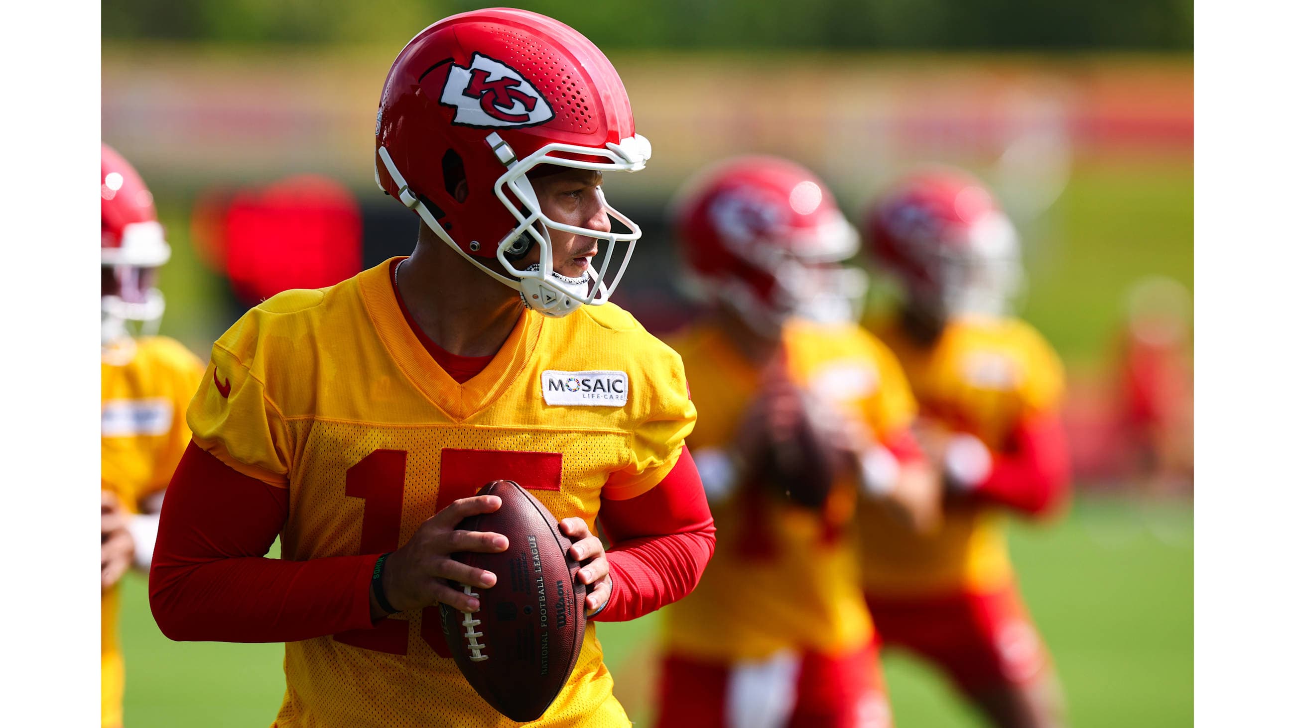 Kansas City Chiefs quarterback Patrick Mahomes (15) during Day 1 of Training Camp practice at Missouri Western State University in St. Joseph, MO on Saturday, July 25, 2026.
