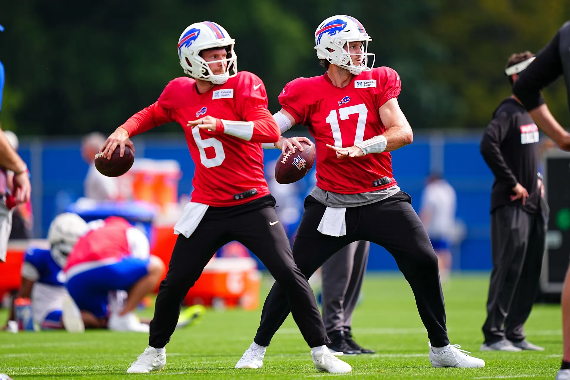 Josh Allen (17), Shane Buechele (6). Buffalo Bills Training Camp, on September 02, 2026 at Kaleida Health Performance Center.