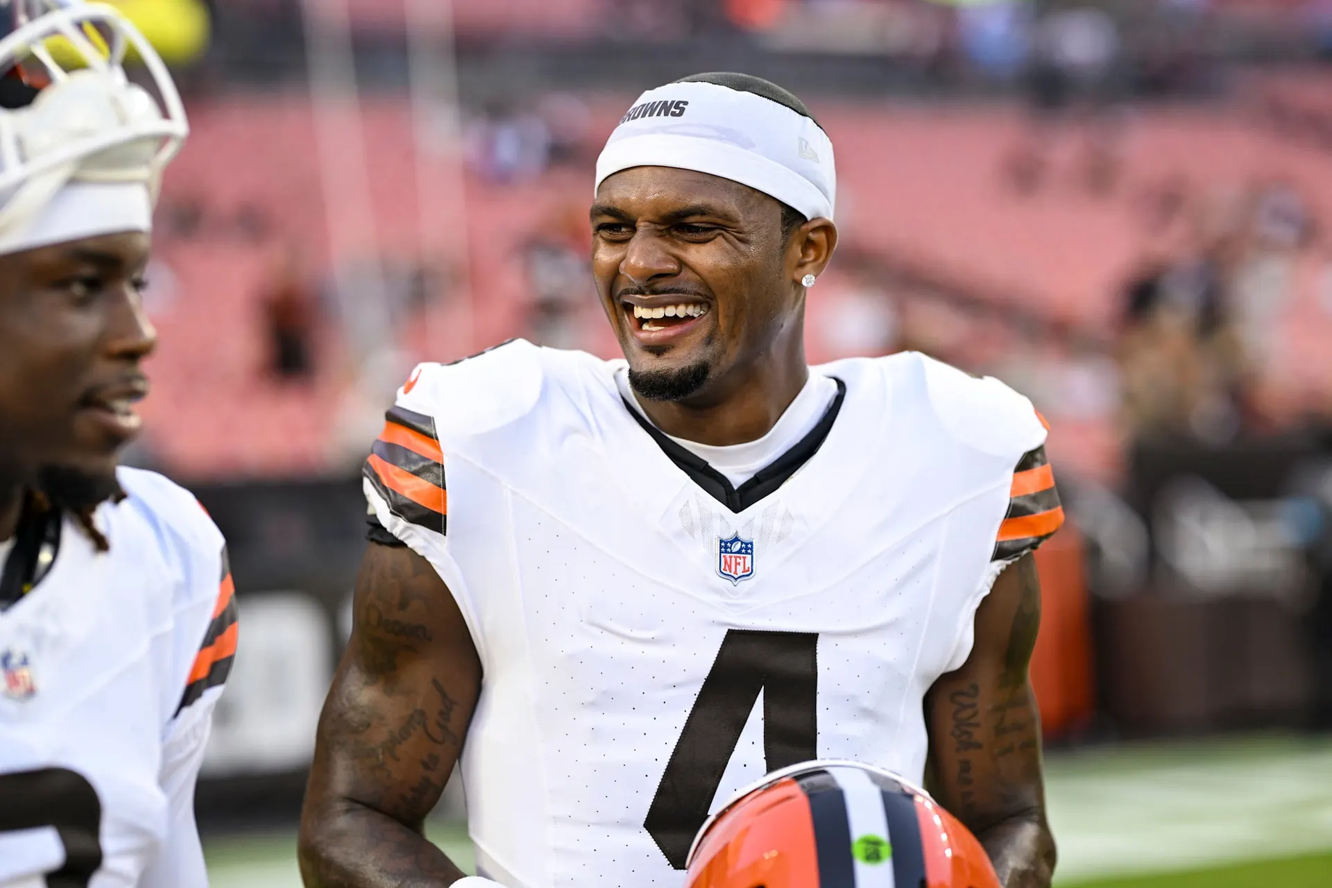 Quarterback Deshaun Watson (4) before a preseason NFL football game between the New England Patriots and Cleveland Browns on August 27, 2026 at Huntington Bank Field.
