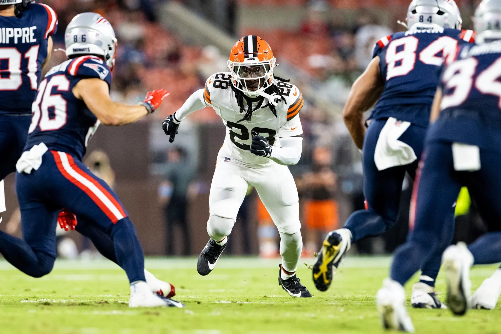 Safety Emmanuel McNeil Warren (28) during a preseason NFL football game between the New England Patriots and Cleveland Browns on August 27, 2026 at Huntington Bank Field. The Browns won 37 13.